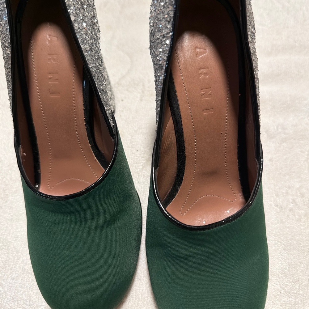 Marni Glittering Silver and Deep Green Heels